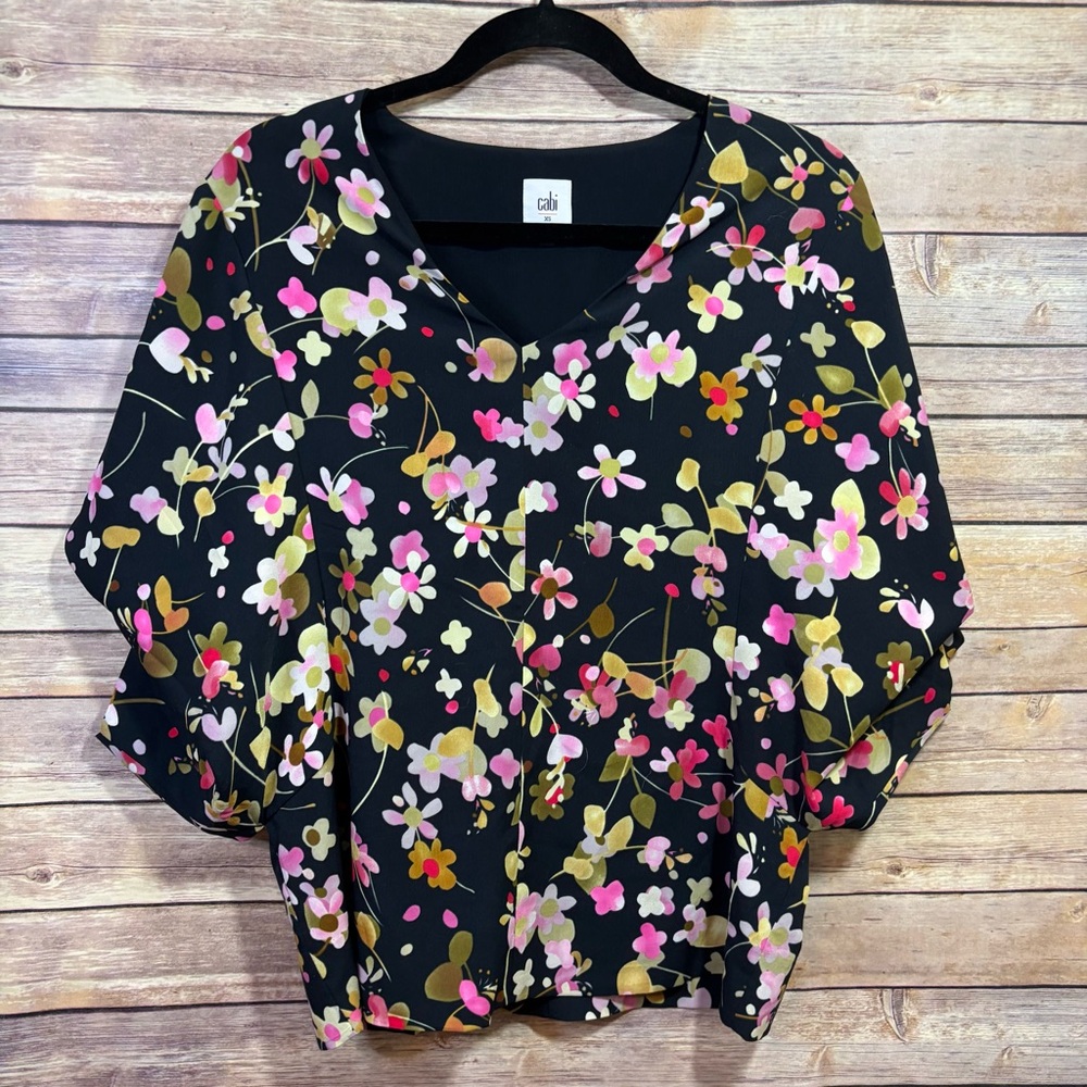 Elegant Black Floral CAbi Chiffon Blouse Top Size XS